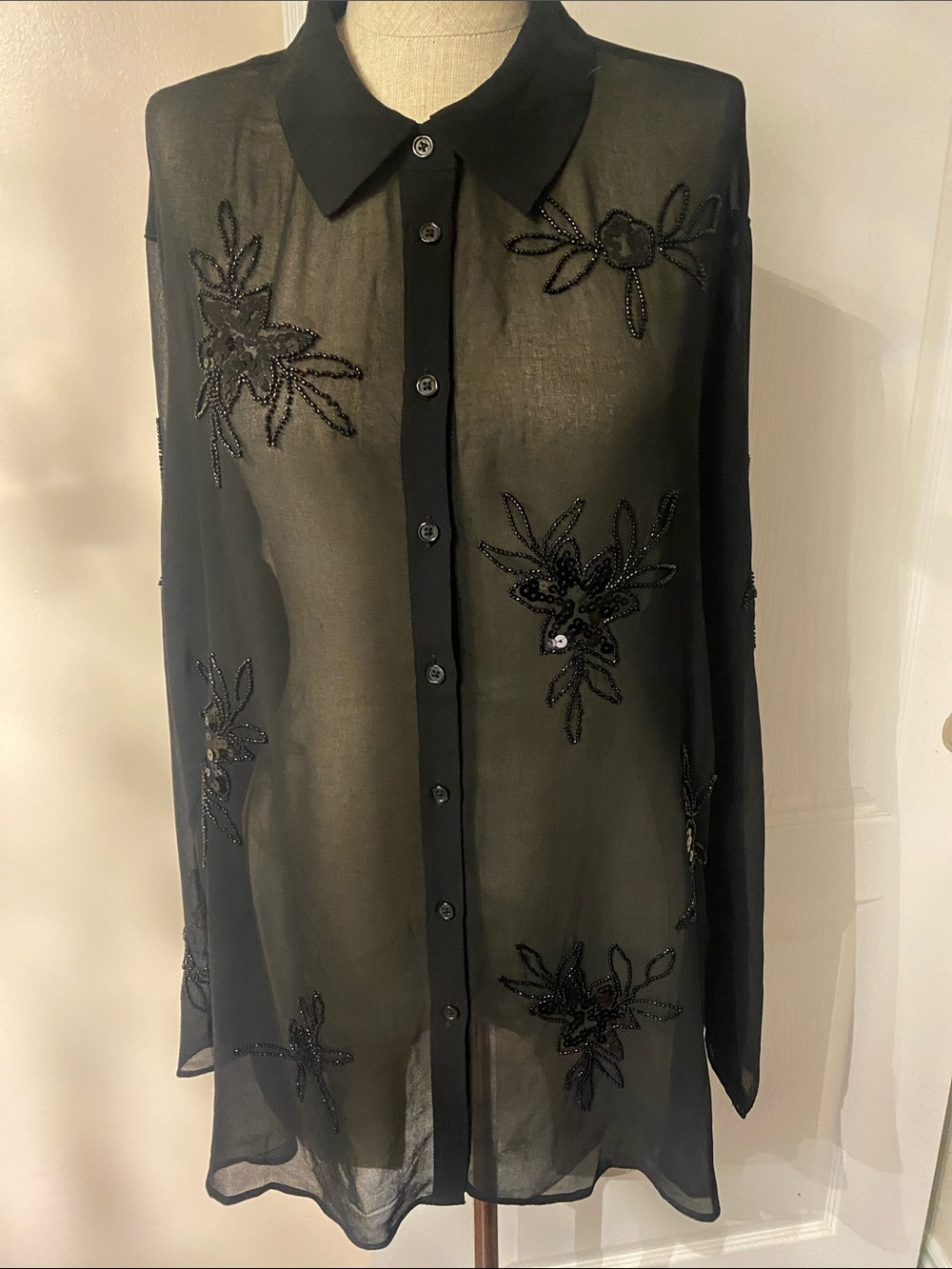 Rachel Zoe Black Sheer Beaded Floral Blouse